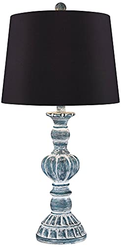 Regency Hill Tanya Country Cottage Traditional Style Table Lamps 26.5" High Set Of 2 Blue Wash Resin Black Faux Silk Drum Shade Decor For Living Room Bedroom House Bedside Nightstand Home #TOP5
