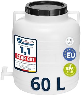 Garronda 60 Liter BPA-freies Fass und Futtertonne mit Hahn Weithalsfass Wassertank und Behälter mit Deckel für Sauerkraut sowie Surfass Pökelfass für Fleisch GD-0090 Weiß