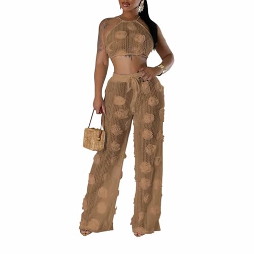 Dawery Women 3D Flower Sleeveless Strap Tops and Wide Leg