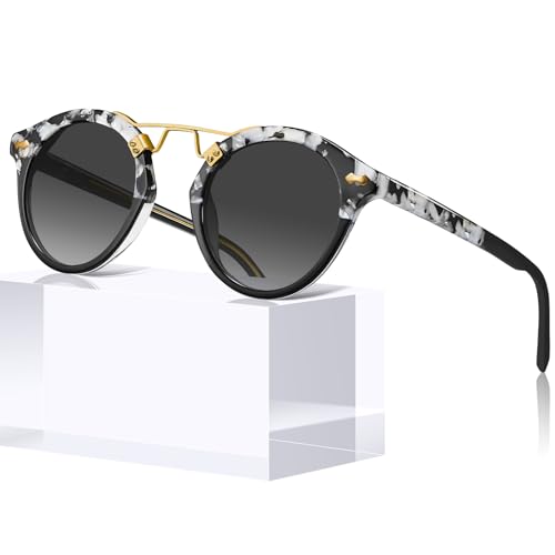 Image of CARFIA Small Face Acetate Polarized Sunglasses for Women UV Protection, Retro Double Bridge Eyewears Metal Brow Round Sunnies