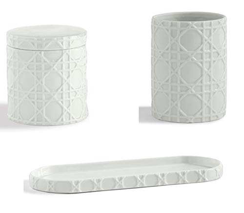 Kassatex 3-Piece Bath Accessory Set, Rattan Bath Accessories | Cotton Jar, Tray, Tumbler - Embossed Porcelain