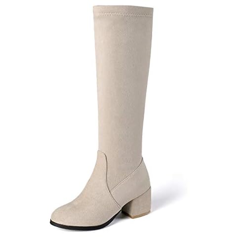 Women Over The Knee Thigh High Boots Stretch Platform Chunky Heel Zip Boots Fashion Casual Leather Round Toe Slip On Warm Knitted Winter Long Knee High Sexy Fall Tall Booties Shoes (10-Beige, 4) Cover