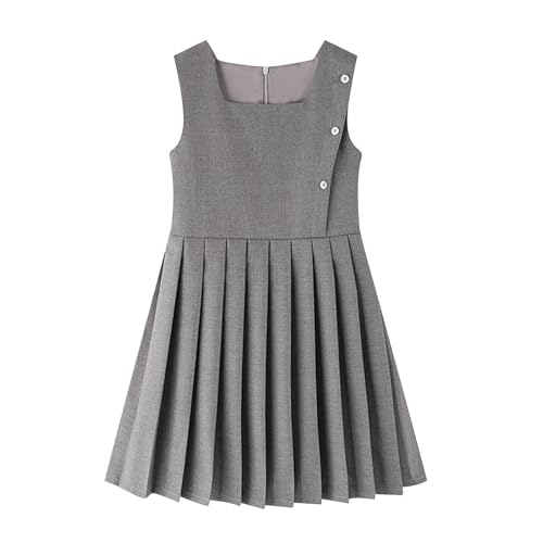 Girls School Uniform Dress Sleeveless Square Neck Pleated Knee Length Preppy Jumper A- Line Dresses for Kids 3-14Y