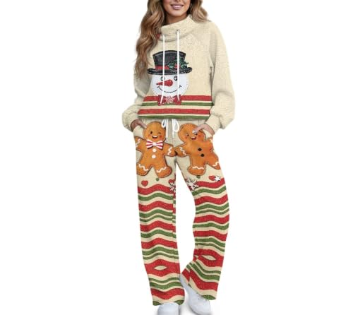 Chuzarugn Gingerbread Man Design Two Piece Outfits For Women Casual Long Sleeve Sweatsuits Jogger Tracksuits Lounge Sets With Pockets Size XS