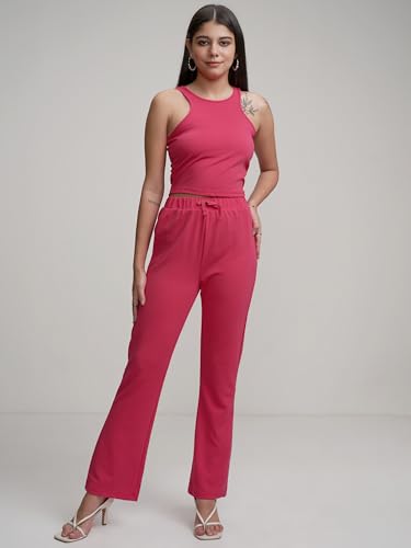 Image of Tokyo Talkies Women's Co-ord Set | Sleeveless Crop Top & Drawstring Trousers | Perfect for Casual Outings & Vacations
