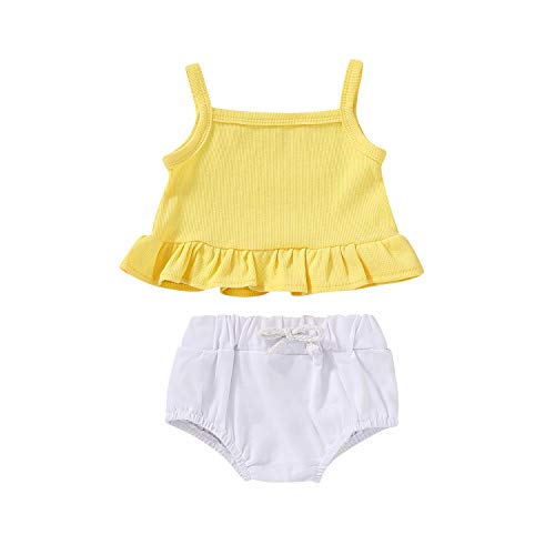 Toddler Baby Girl Summer Outfits Strap Halter Ruffle Crop Top Solid Shorts Infant Girl Clothes Set (Yellow+White, 12-18 Months)