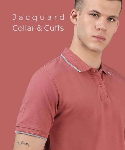 Image of Men's Cotton Polo T-Shirt with Trim | Mauve Slim Regular Fit Knit Jersey Comfort Short Sleeve Tee | Casual Outfit Smart Office Wear Collar Shirt for Men (Sizes - S to 5XL)
