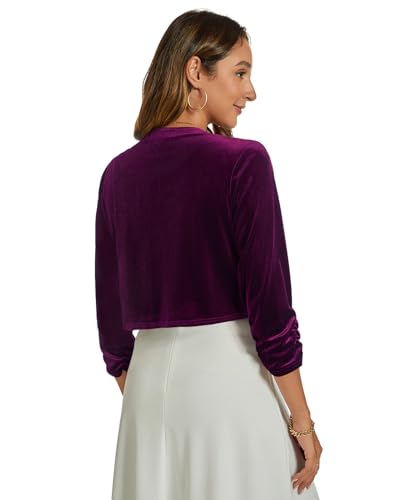 Image of Womens Velvet Bolero Shrug Elegant Open Front Ruched 3 /4 Sleeve Cocktail Party Cropped Cardigan