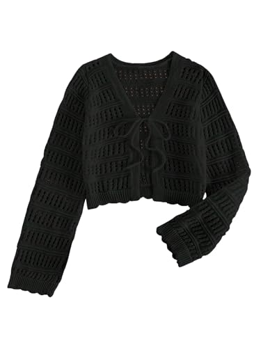 GORGLITTER Women's Crochet Tie Front Tops Long Sleeve Boho Cropped Cardigan Festival Cowgirl Outfits