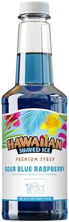 Hawaiian Shaved Ice Sour Blue Raspberry Syrup - Nut Soy Dairy Free - Flavor Fluffy & Crunchy Snow Cones - Shelf Stable - Makes 8 Servings - 16 ounces