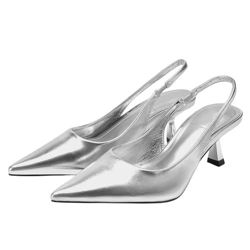 Makmeoyw Metallic Silver Slingback Pumps for Women Kitten Heel Closed