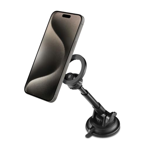 Image of Spigen Dashboard & Windshield Car Mobile Holder,Super Strong Magnet,Works as Desk Mount for iPhone 17 /16 /15 /13 /12, Samsung Galaxy Series & More (MFT35) - Black