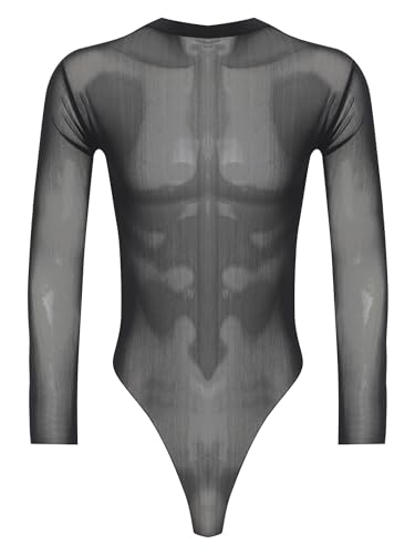 Mens Sexy Mesh Sheer See Through Long Sleeve High Cut One-Piece Bodysuit Leotard Lingerie