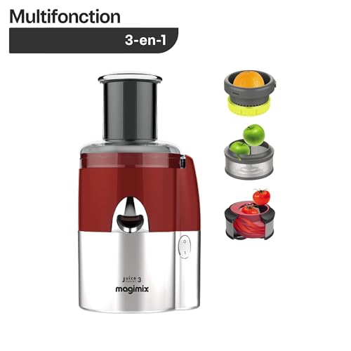 magimix Extracteur de Jus Multifonction 3 en 1 – Presse Agrumes, Centrifugeuse et Extraction à Froid – Moteur Puissant, Sans BPA, Facile à Nettoyer – Idéal Fruits & Légumes – Rouge