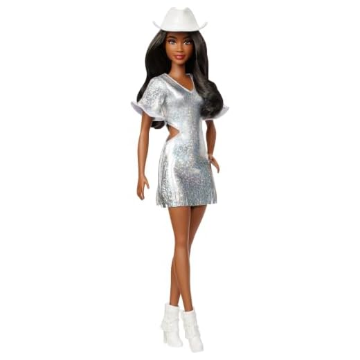 Barbie Fashionistas Doll #239 with Black Hair Wearing Sparkly Silver Fringe Dress with Western Accessories like White Cowboy Hat and Boots, HYT95