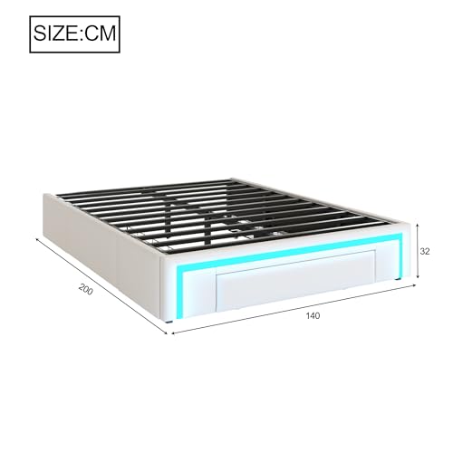 Dolamaní Polsterbett Bettgestell 140x200 cm ohne Kopfteil, PU-Leder Bett Mit LED und Schubladen, Metall Lattenrost Moderne Schlafzimmer Doppelbett (Beige)