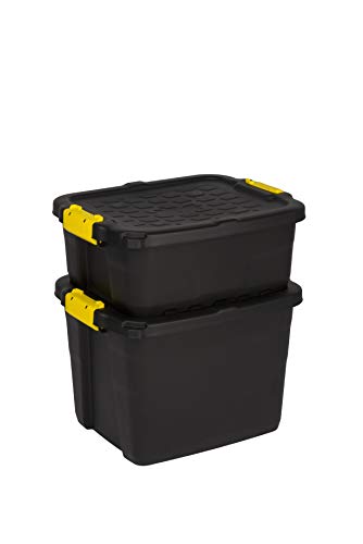 Kreher Aufbewahrungsboxen mit Deckel, TOUGH-Serie, bruchsichere Transportbox aus Kunstststoffbox, Stapelboxen, Ordnungsboxen, Kiste in Schwarz, verschiedene Größen (42 Liter)