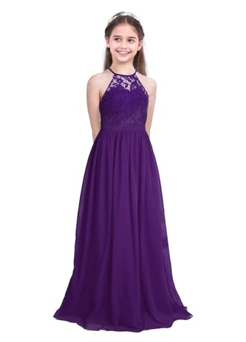 iiniim Kids Big Girl's Chiffon Halter-Neck Lace Junior Bridesmaid Wedding Flower Girl Dress Party Prom Long Maxi Gowns