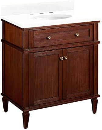 Signature Hardware 464645 Elmdale 30" Free Standing Single Vanity Set with Mahogany Cabinet, Vanity Top, and Oval Undermount Vitreous China Sink - 8" Faucet Holes - Antique Brown/Feathered White