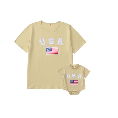 Family Matching Outfits Mommy and Me Shirts Short Sleeve Letter Print Pullover Tops Baby Summer Clothes (Baby, 0-3 Months, Beige)