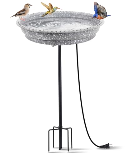 Feemiyo Heated Bird Bath for Outdoors for Winter, 75W Bird Bath Water Heater Bird Bath Deicer,Deep Bowl Thermostatic Control Weather Resistance Available with Stable Metal Pole for All Seasons(Grey)