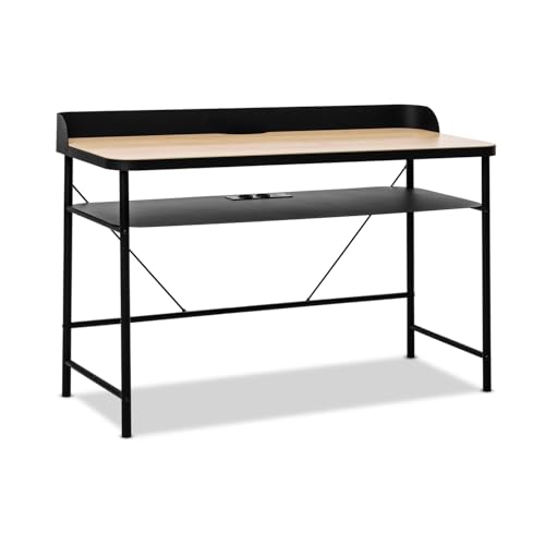 FRANKYSTAR Hariyang - Escritorio de metal con tablero de madera (120 x 50 cm, 2 enchufes Shuko y 2 puertos USB)