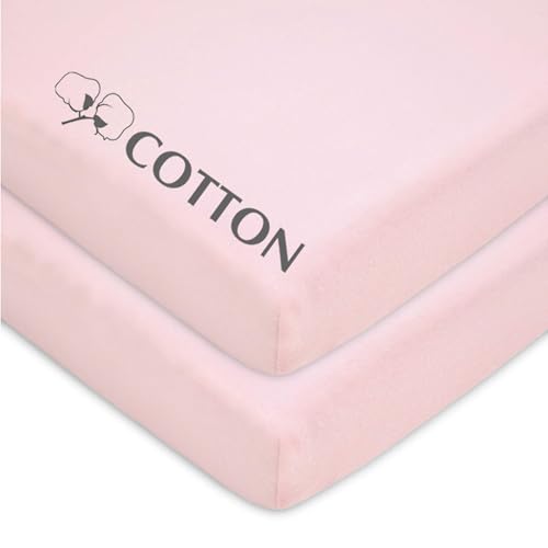 Image of American Baby Company 2 Pack 100% Natural Cotton Fitted Pack and Play Sheets 39 inch x 27 inch - Soft & Breathable Pack N Play Sheets for Playard & Mini Crib Mattress, Pink, for Boys & Girls