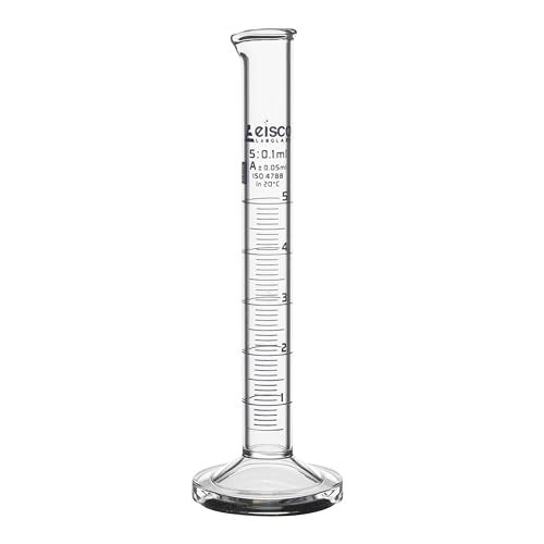 Graduated Cylinder, 5ml - Class A Tolerance ±0.05ml - Round Base - Blue Graduations - Borosilicate 3.3 Glass - Eisco Labs