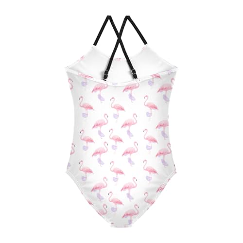 senya Girls Swimsuits One-Piece Swimwear Tie Bathing Suit Beach Summer Round Neck 5-6T Flamingo White Background Pattern2