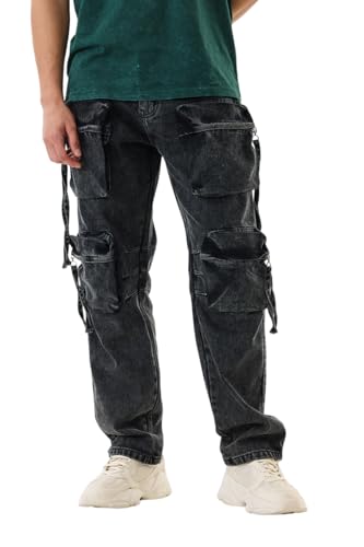 Image of SNITCH Men Cargo Pants | Baggy Fit with Multiple Utility Pockets & Turned-Up Cuffs | Cotton Blend Fabric for Streetwear & Casual Outings