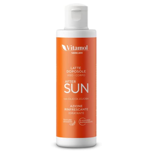 Vitamol After Sun Leche aftersun para rostro y cuerpo Acción refrescante Hidratante Emoliente para rojeces y quemaduras solares en la piel con Aceite de Jojoba