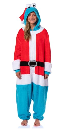 Sesame Street Unisex Santa Cookie Monster Hooded Costume Fleece Pajama Kigurumi Union Suit For Men and Women (XXS/XS)