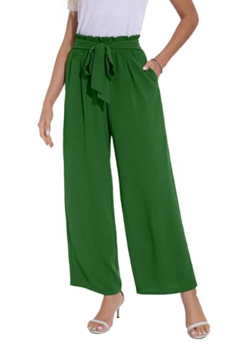 PrinStory Trousers For Women UK Elasticated Waist Lightweight Summer Pants Causal Wide Leg Palazzo Trousers Beach Work (Dark Green, L) - Image 3