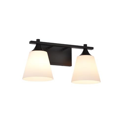 Image of Black Bathroom Vanity Light Fixtures, 2 Lights Traditional Vanity Lighting Fixture with Opal Glass Shade, Porch Wall Mount Light Fixture for Bathroom, Mirror Cabinets Hallway Stairs, Matte Black