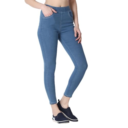 Image of 4Flies Women's Denim Lycra Jeggings - Stretchable Slim Fit Ankle-Length Pants for Casual, Office & Travel Wear - Stylish & Comfortable