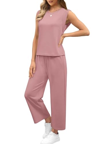 Image of SAMPEEL Two Piece Sets for Women Casual Travel Vacation Outfits Summer Wide Leg Crop Pants Lounge Sets