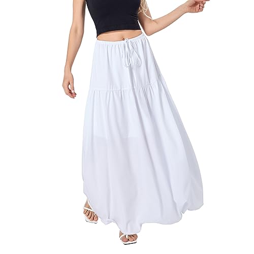 Women Loose A-Line Maxi Skirt Solid Color Casual Summer Elastic Drawstring Skirt Dress Beaches Club Streetwear2