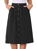 Allegra K Midi Skirts for Women Casual High Elastic Waist Button Pleated a Line Skirts Dress with Pockets Large Black