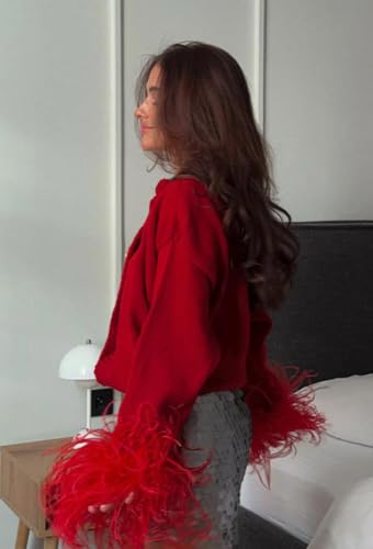 Image of Red Elegant Feather Cuff Cardigan for Women: Stylish Buttoned Sweater with Soft Feather, Stylish Lightweight Knitwear