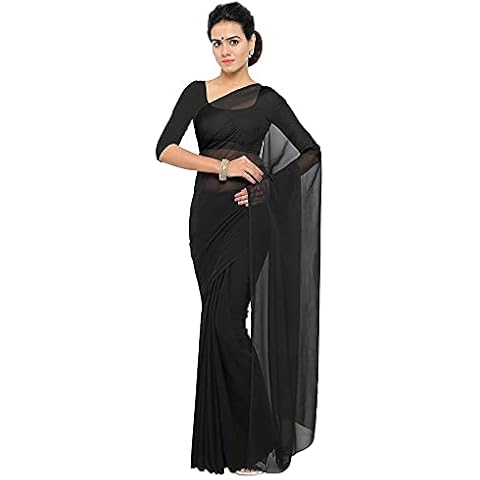 Ethnic Closet Indian Women's Ethnic Saree Solid Pattern Georgette Wrap Casual Wear Sari 5 Yard Black Cover