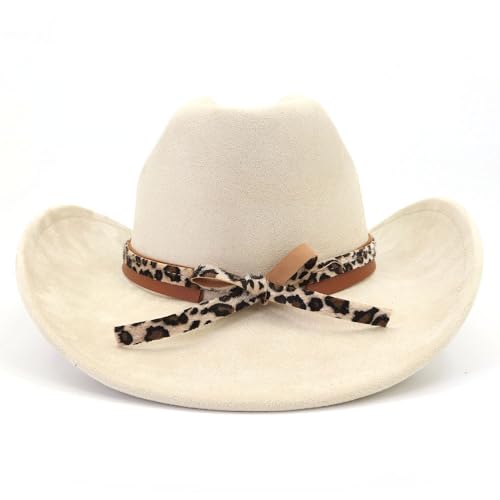 Image of Classic Suede Cowboy Hat for Adult Wide Brim Western Cowgirl Hat Women Fedora Hat with Leopard Print Hatband