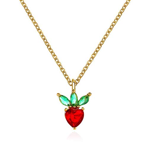 ZMJK Cute Colourful Crystal Apple Strawberry Cherry Peach Grape Lifelike Fruit Pendant Necklace for Women Girl Charm Tropical Fruit Jewelry (Strawberry)