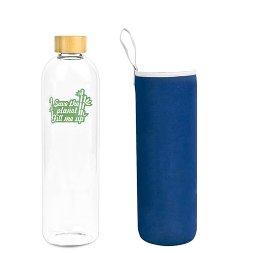 Wasserflasche Glas mit Bambus Stoppflasche Glas Borsilikat umweltfreundlich wiederverwendbare wiederverwendbare ungiftige BPA (1500ml, Blue Flasche Case Speichern Sie den Plan füllen me up)