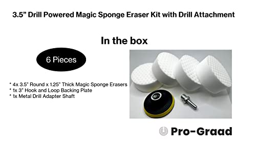 Image of 3.5 inch Drill Powered Magic Sponge Eraser 6 Pieces Kit with Drill Attachment | 25% Thicker Ultra-Durable Melamine Eraser Pads for Bathrooms, Kitchens, Floors, Walls, Baseboards & More