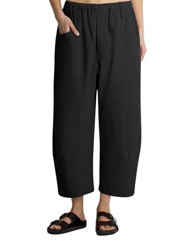 Lviefent Womens Wide Leg Barrel Pants Casual Elastic Waist Linen Cropped Harem Pants Trouser with Pockets
