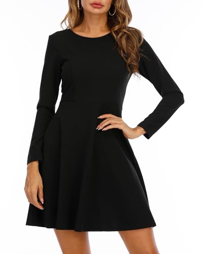 Jusfitsu Womens Long Sleeve Dress Casual Simple Dresses A-Line Knee Length Skirt Slim Fit Skater Dress2