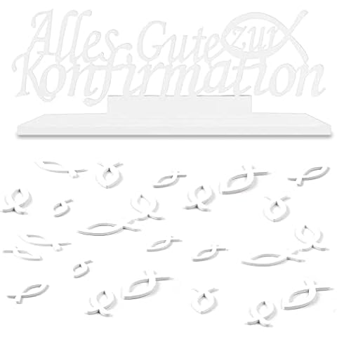 Confirmation Table Decoration, 1 Piece Stand Alles Gute zum Konfirmation 46 Pieces Wooden Decoration Fish Table Decoration Confetti Fish Wood Decoration for Christening, Communion and Confirmation Cover