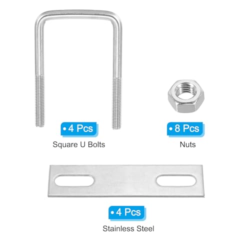 Image of PATIKIL M8x50x80mm Square U-Bolts Kit, 4Set 304 Stainless Steel Square U Shaped Bolts Replacement Parts with Frame Plates and Nuts for Ski Board Sailboat Trailer