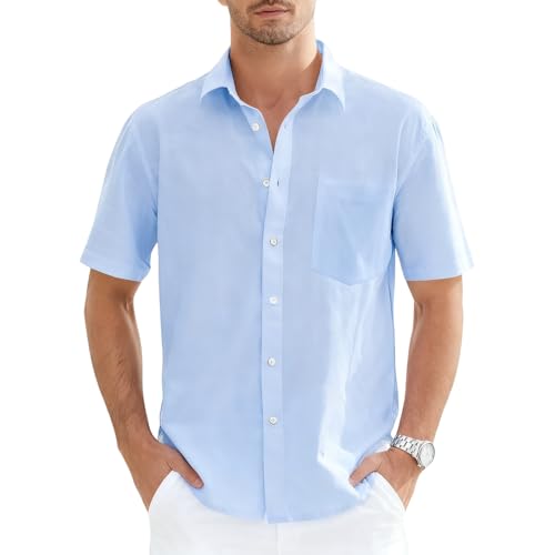 Chemise Homme Manches Courtes Été En Lin Blanche Grande Taille Chemisette Ensemble (Light Blue, 6XL)