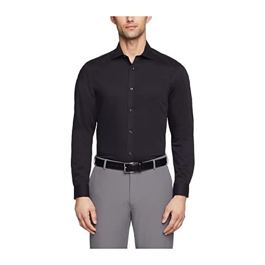 Camisa social masculina Calvin Klein Slim Fit não precisa passar a ferro com colarinho espinha de peixe, Preto, 17.5" Neck 36"-37" Sleeve